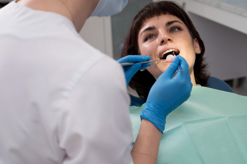 Woman having dental treatment during the final stage of multiple teeth implant restoration Woman having dental treatment during the final stage of multiple teeth implant restoration